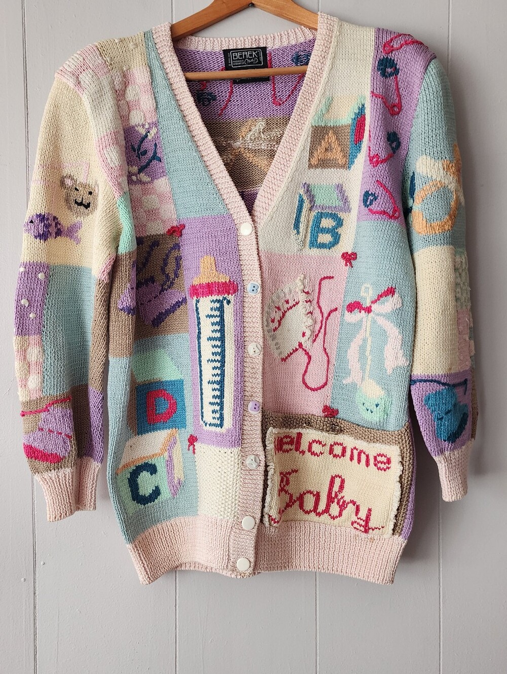 Berek Marta D 1989 Large Welcome Baby Shower Sweater Cardigan Vintage Knit